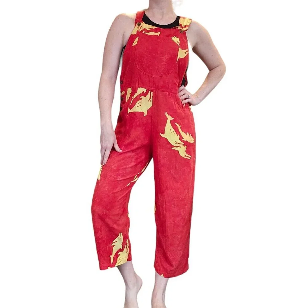 Womens XS To M Red Tiedye Cropped Overalls Bibs Rayon Dolphins Beach‎ Hippie